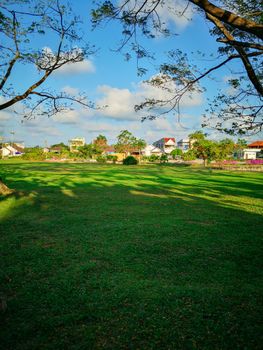 The beautiful summer landscape with a home and green garden with copy space.