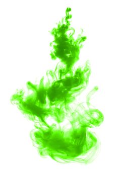 Green ink in water isolated on white background. Colors dropped into liquid and photographed while in motion. resemble Cloud of silky ink in water an abstract banner.
