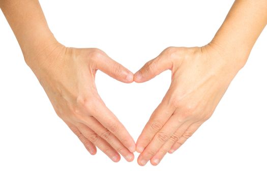 hands shaping a heart symbol on white background with clipping path