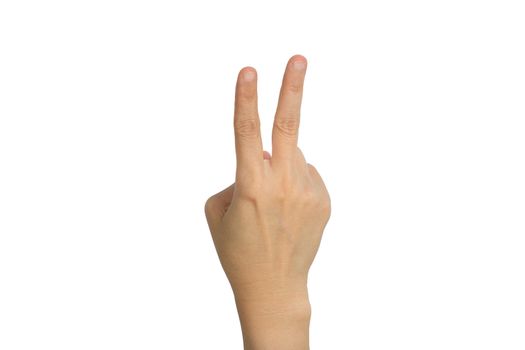hand showing two fingers on a white background isolation.