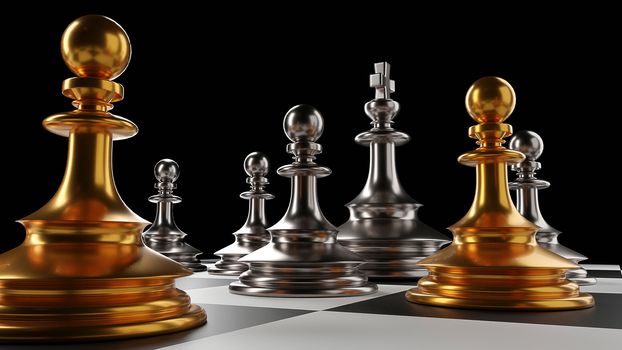 The King in battle chess game stand on chessboard with black isolated background. Concept business strategy, planning and decision.3d rendering.