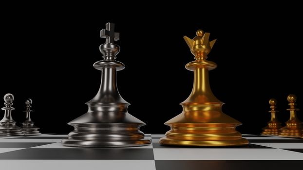 The King in battle chess game stand on chessboard with black isolated background. Concept business 

strategy, planning and decision.3d rendering.