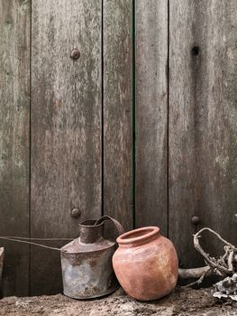 Pottery and old wooden background with copy space.