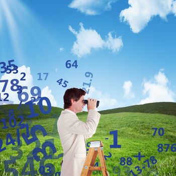 Businessman looking on a ladder against blue sky over green field