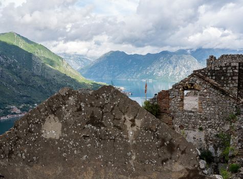 Stone walls of Kotor Fortress above the old town in Montenegro