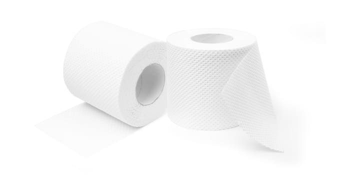 Two rolls of toilet paper to support hygiene. Isolated on white background