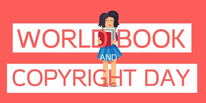 World Book and Copyright Day Horizontal Banner Wtih Reading Girl. Vector