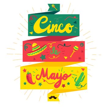 Cinco De Mayo Festival Sticker with chili, cactus, mustache and sombrero, maraca. Festival Poster. Vector