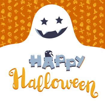 Happy Halloween Lettering with ghost. Trick or treat concept for print, fabric, greeting, card, banner, t-shirt. Poster with halloween text. Vector