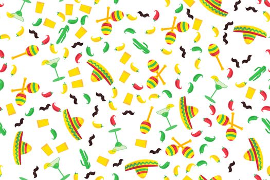 Cinco De Mayo Festival Seamless Pattern from chili, confetti, cactus, mustache and margarita, sombrero and maraca. Festival Poster. Vector