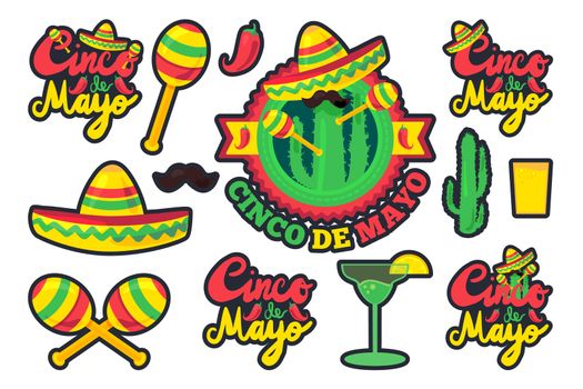 Cinco De Mayo Festival Stickers Set from chili, confetti, cactus, mustache and margarita, sombrero and maraca. Festival Poster. Vector