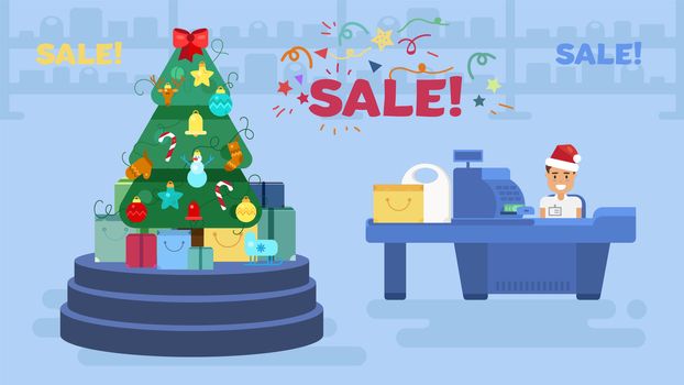 Merry Christmas And New Year In Shop. Store with customers crowd and cashier near cash desk. Gifts and presents. Shopping concept illustration. Sale Boxing Day banner. Vector