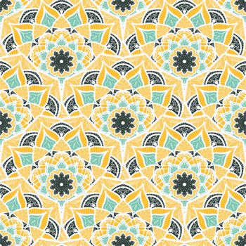 Hand drawn Gold Mandala Seamless Pattern. Arabic, indian, turkish and ottoman culture decoration style. Ethnic ornamental background. Magic vintage template of greeting, print, cloth, tattoo. Vector