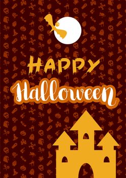 Happy Halloween Lettering with bat, castle. Trick or treat concept for print, fabric, greeting, card, banner, t-shirt. Poster with halloween text. Vector