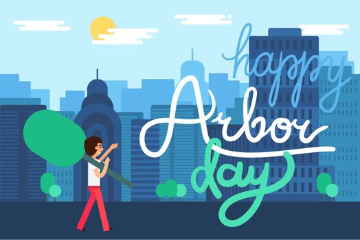 Save Our Planet Concept in city. Arbor Day Greeting for sticker, banner and flyer. Vector