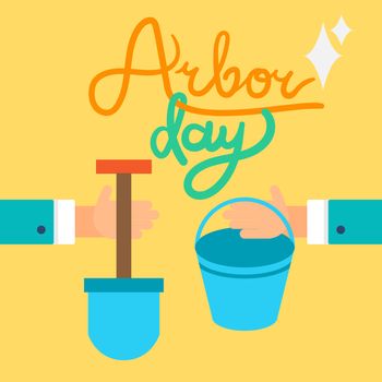 Save Our Planet Concept with shovel, bucket and hand. Arbor Day Greeting for sticker, banner and flyer. Vector