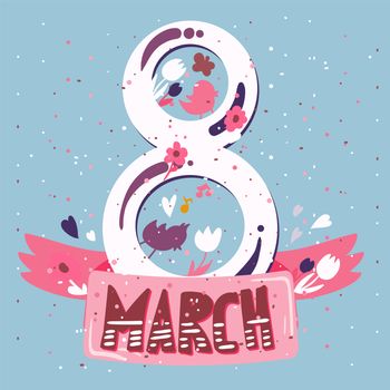 Happy Womens Day Banner. 8 March Lettering with birds and flowers. Vector