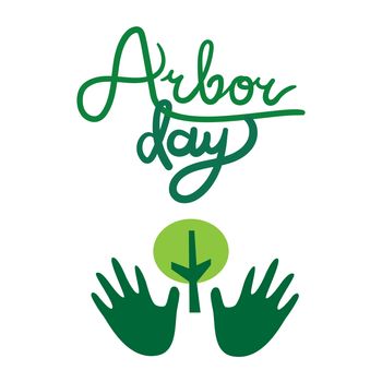 Save Our Planet Concept with tree in human hand. Arbor Day Greeting for sticker, banner and flyer. Vector