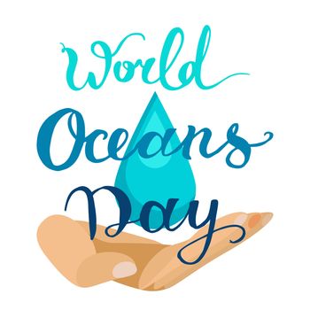 World Ocean Day Lettering Banner With Water Drop In Human Hand. Vector