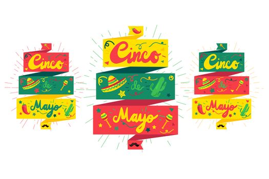 Cinco De Mayo Festival Banner with pepper, cactus, mustache and sombrero, maraca. Festival Poster. Vector