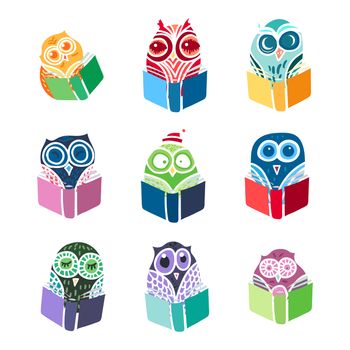 Hand Drawn Funny Owl with Book. Owls Learning subject for print, fabric, wrap and illustration, game, web and children items. . Vector