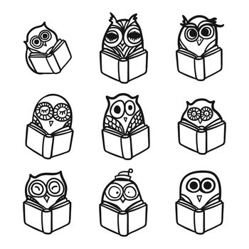 Hand Drawn Funny Owl with Book. Owls Learning subject for print, fabric, wrap and illustration, game, web and children items. . Vector