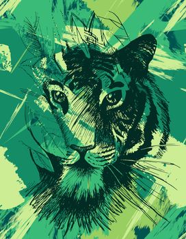 Grunge tiger under leaves. Vintage wild cat in jungle. Retro tropical animal. Vector