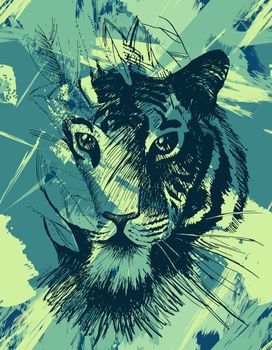 Grunge tiger under leaves. Vintage wild cat in jungle. Retro tropical animal. Vector