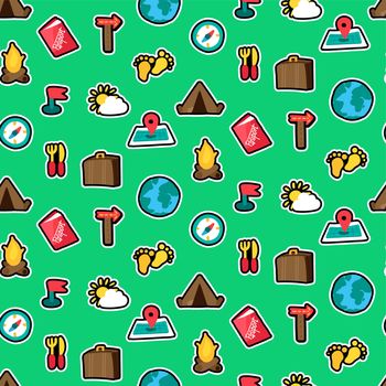 Camp, tourism and travel seamless pattern. Adventure fashion ornament. Hobby and vacation. Vector