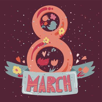 Happy Womens Day Banner. 8 March Lettering with birds and flowers. Vector