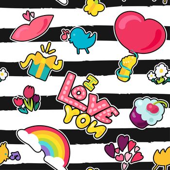 Vector Romantic Love Seamless Pattern in doodle style with shape. Girl fashion ornament. Nice cartoon background. Fun backdrop.