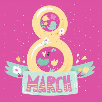 Happy Womens Day Banner. 8 March Lettering with birds and flowers. Vector