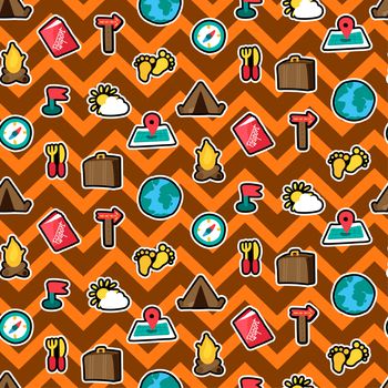 Camp, tourism and travel seamless pattern. Adventure fashion ornament. Hobby and vacation. Vector