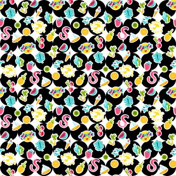 Summer stickers seamless pattern. Fruits, sun, berries. Vacation background with hand drawn cliparts