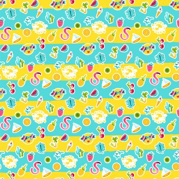 Vector Tropical Summer Seamless Pattern in doodle style with shape. Fruits and berries. Girl fashion sweet ornament design. Nice cartoon background. Fun wrap