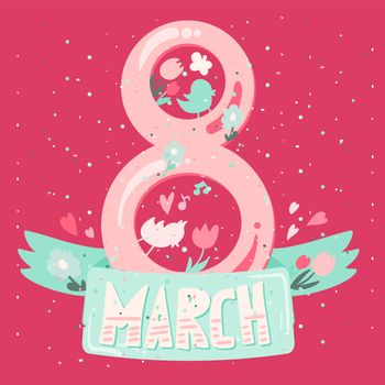 Happy Womens Day Banner. 8 March Lettering with birds and flowers. Vector