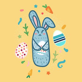 Happy Easter greeting or banner with cute rabbit and egg in hands. Vector