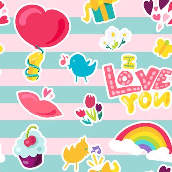 Vector Romantic Love Seamless Pattern in doodle style with shape. Girl fashion ornament. Nice cartoon background. Fun backdrop.