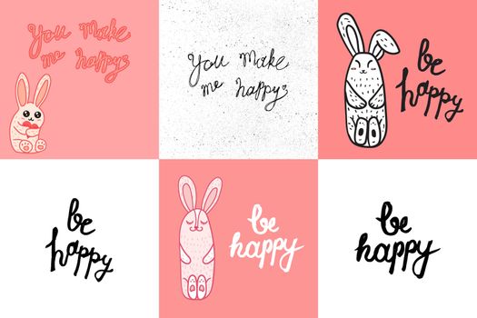 Vintage hand drawn lettering hipster composition with phrase Be Happy with heart and rabbits. Print, typographic, greeting, poster, t-shirt design about love. Vector