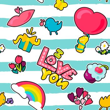 Vector Romantic Love Seamless Pattern in doodle style with shape. Girl fashion ornament. Nice cartoon background. Fun backdrop.