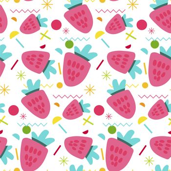 Vector Summer Fruits Pattern in cartoon style. Memphis elements and berries. Sweet backdrop. Sweet strawberry seamless pattern