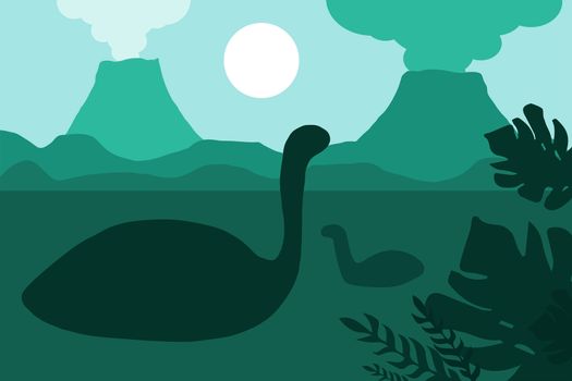 Age of dinosaurs in silhouettes. The natural landscape with the volcanoes and the sea. Tropical ocean shore. Mesozoic era. Green colors. Vector
