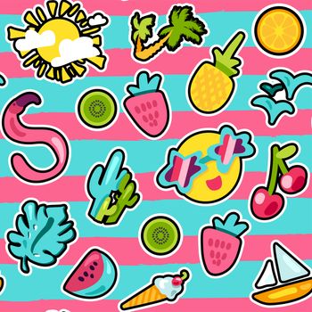 Vector Tropical Summer Seamless Pattern in doodle style with shape. Fruits and berries. Girl fashion sweet ornament design. Nice cartoon background. Fun wrap