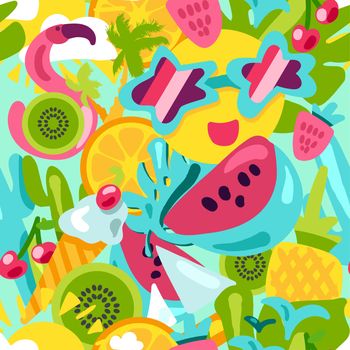 Tropical summer pattern. Bright fruits, berries, ice cream and flamingos with other attributes of warm summer and vacation in pink-green-blue tones. Vector illustration