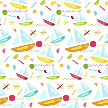 Fashion memphis stylish bright seamless pattern with yacht. Vector
