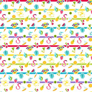 Vector Exotic Summer Seamless Pattern with shape. Fruits and berries. Girl fashion sweet ornament design. Beach cartoon background. Hot wrap