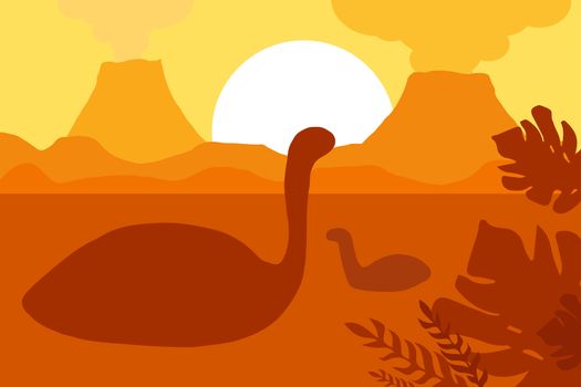 Age of dinosaurs in silhouettes. The natural landscape with the volcanoes and the sea. Tropical ocean shore. Mesozoic era. Yellow colors. Sunset or sunrise. Vector