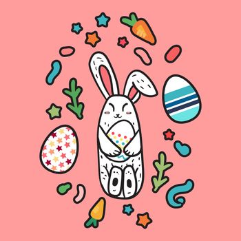Happy Easter greeting or banner with cute rabbit and egg in hands. Vector