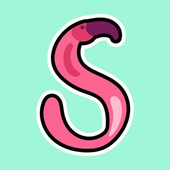 Pink flamingo in view of letter S cartoon sticker. Hot summer label. Patch and print for t-shirt, fabric, clothes. Tropical and beach symbol. Travel and exotic sign. Sea, summer or sexy icon. Vector