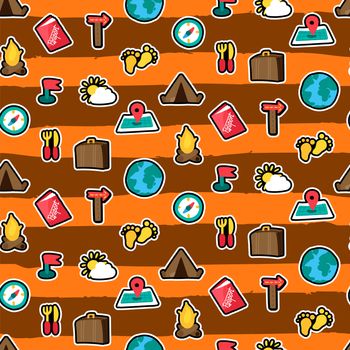 Cartoon travelling and camping seamless pattern. Hipster background. Vector